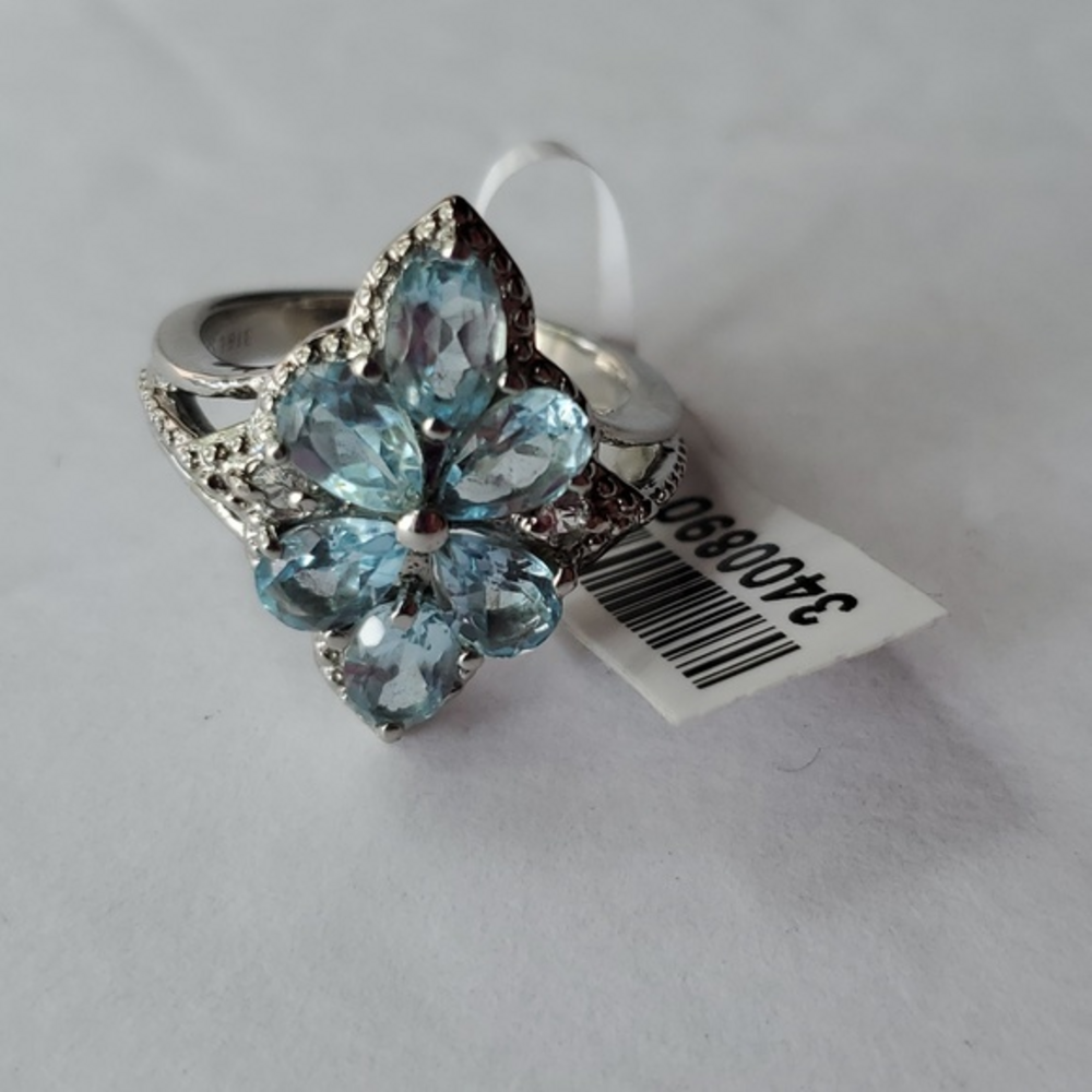Blue Topaz Stone Rhinestones Silver Look 316L‎ SS Ring Size 7 NWT
